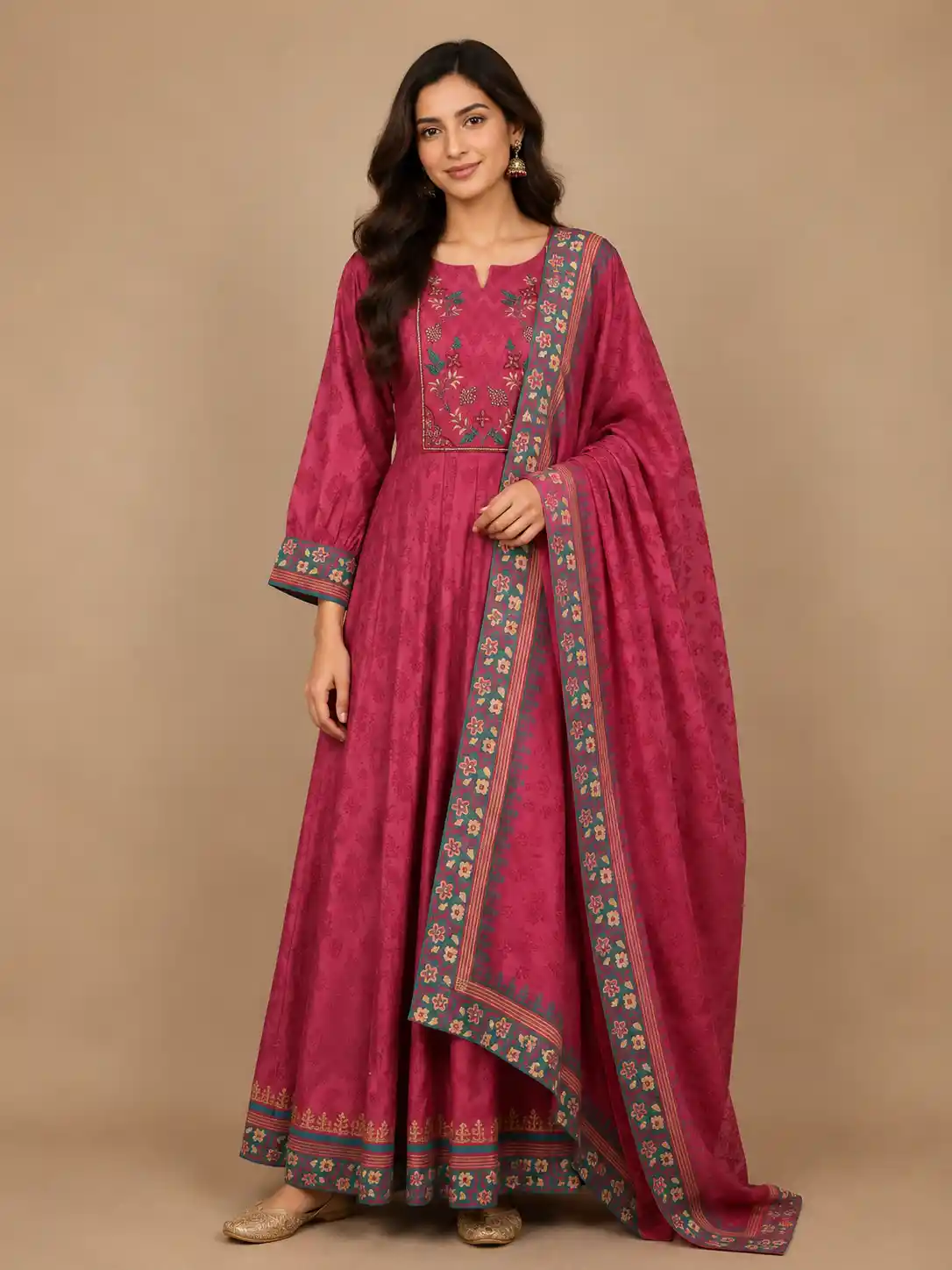 Red Floral Designed Cotton Anarkali Salwar Suit